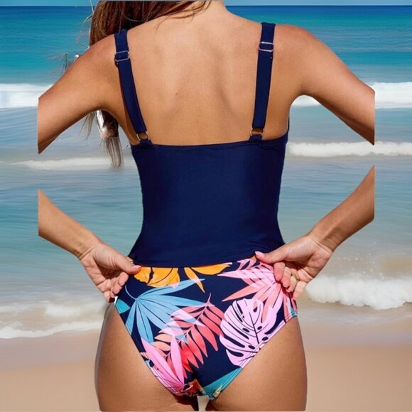 Cupshe Small 2 Piece Tankini Blue V-Neck Top Floral Mid Rise Bikini Bottoms - Picture 2 of 8